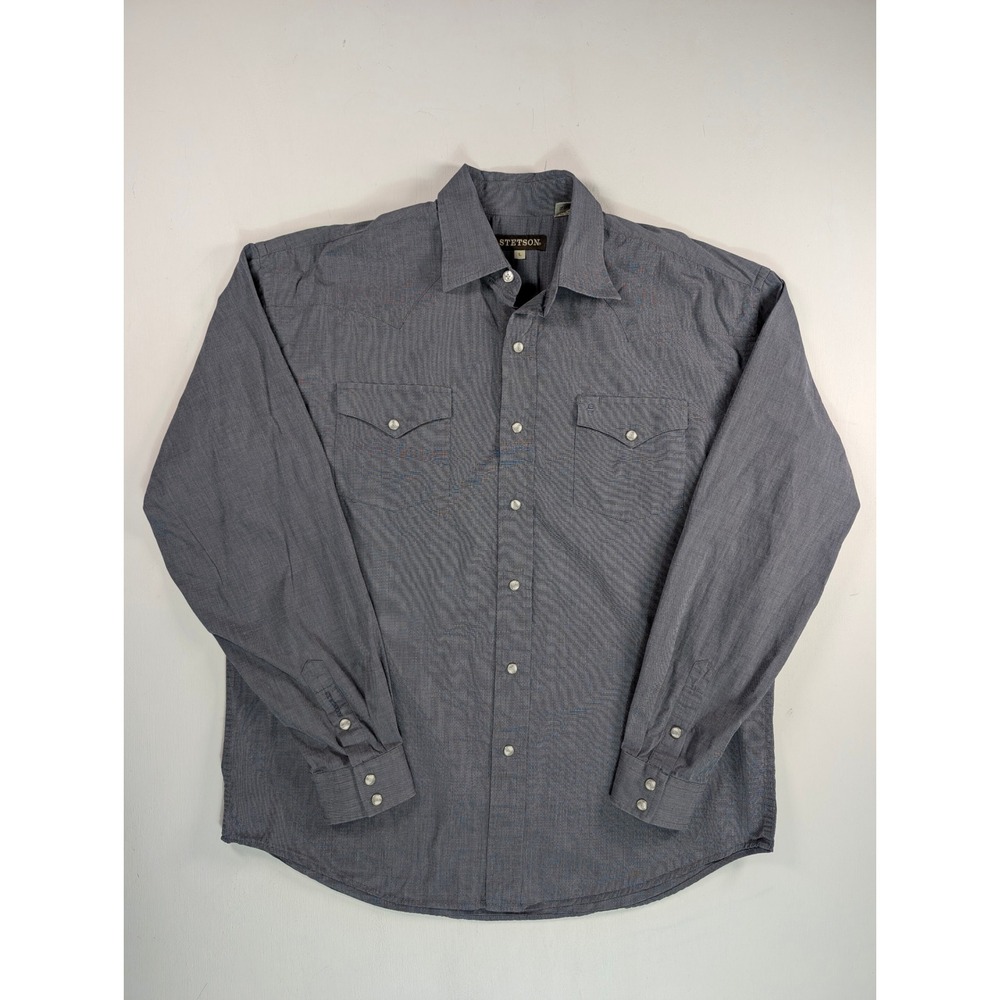 Stetson Mens Blue Micro Check Western Snap Button Long Sleeve Shirt L - Picture 3 of 14